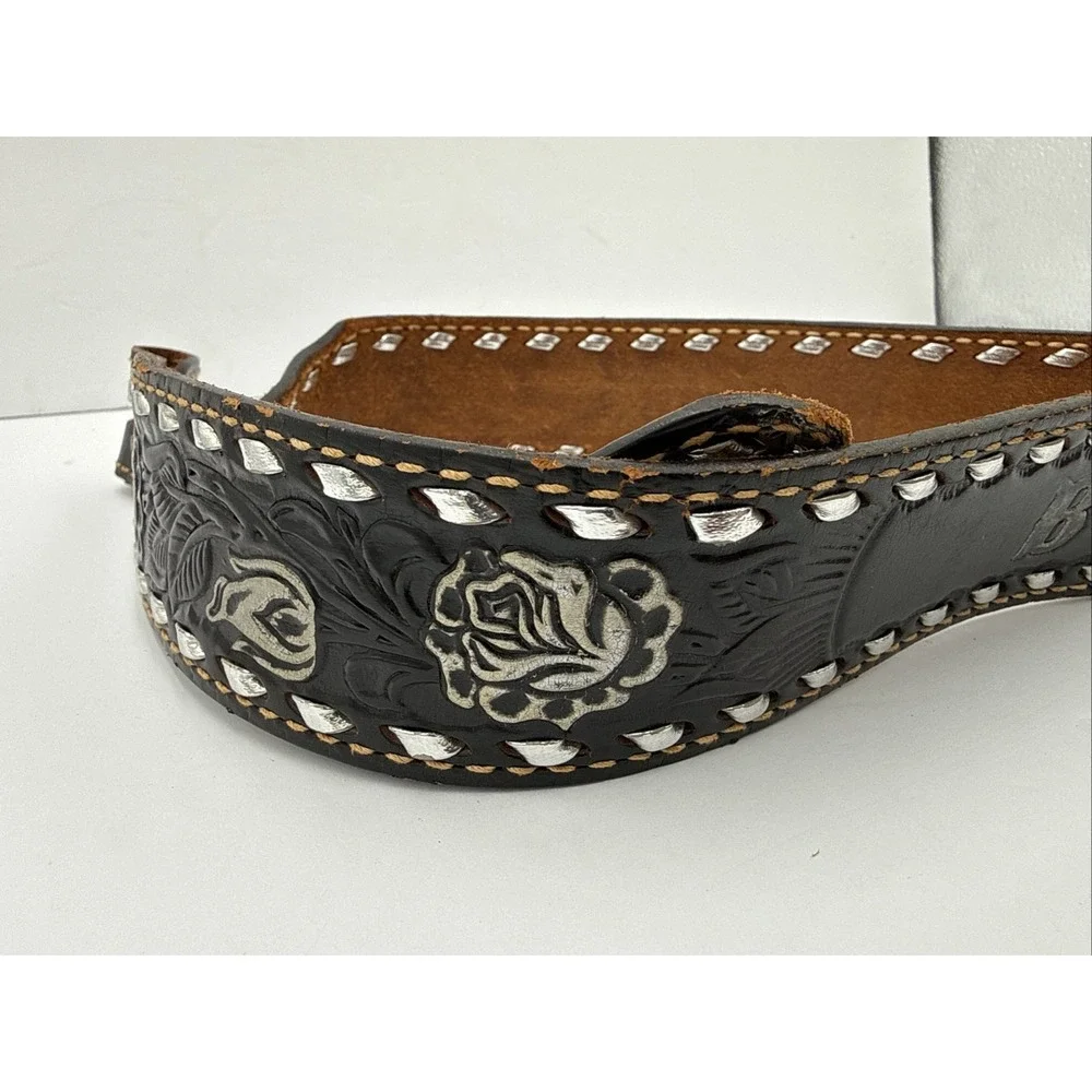 Vtg Hand Tooled Black Leather Belt Roses Embossed 
